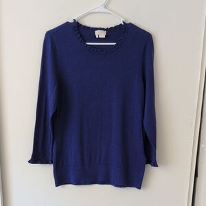 Kate Spade Womens Large Ruffle Crewneck Sweater Blue Preppy Coquette Classic